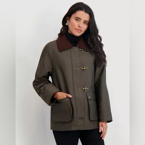 Tahari Taylor barn jacket green cotton-blend corduroy collar gold toggles Medium - Picture 2 of 13